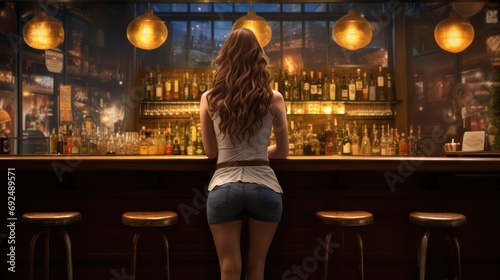 Girl in shorts at the bar. Generative AI