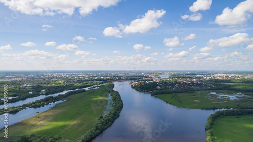 Panoramic aerial view of Veliky Novgorod in sunny summer day. The river divides the city into two parts