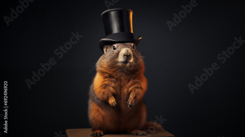  A groundhog in a top hat poses in a photo studio. isolated on black background. copy space