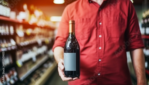 Man in red shirt standing in liquor store ind holding wine bottle in hand.