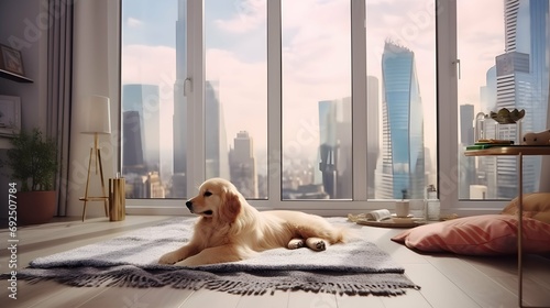 cute animal dog golden retriever lying of comfort rug carpet floor in living room apartment with urban city view 
