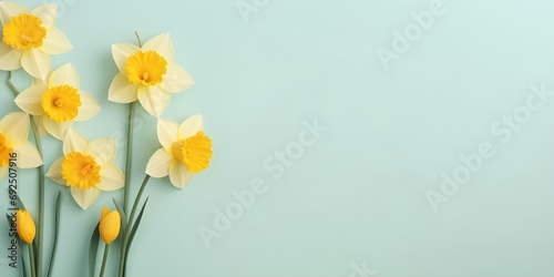 Daffodil flowers on pastel background. Creative lifestyle, summer, spring concept. Copy Space.