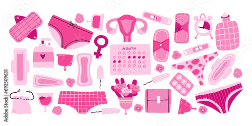 Set of female menstrual hygiene isolated on white. Doodle-style menstrual pads and tampons, pills, menstrual cups, period tracking calendar, and more