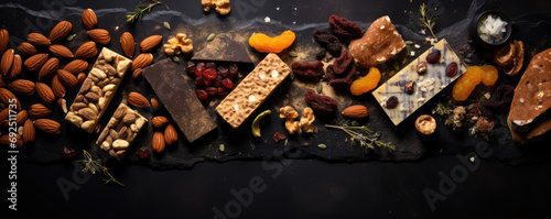 Various of muesli fit bars on black background.