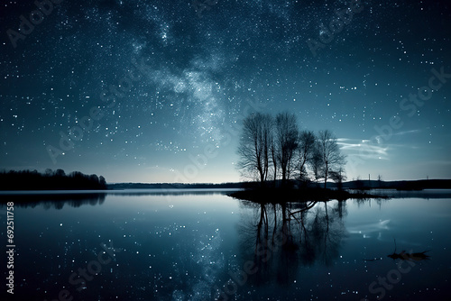 a starry night sky over a calm lake, reflecting the Milky Way and stars, with a silhouette of trees on the horizon, ai generative