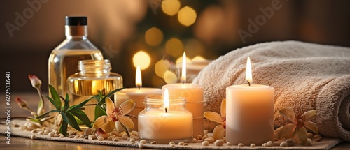 Aromatic reed freshener and burning candles on a table in a spa salon with text messaging space ..