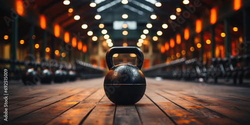 Gym essentials set the scene for a focused workout with a black kettlebell and headphones.