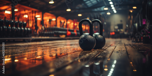 Black kettlebell and earphones await an intense gym session on a dark floor.
