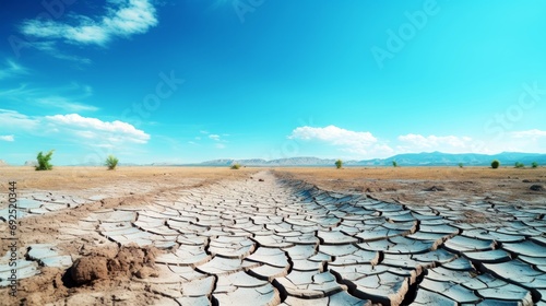 Dry land with cracked earth under blue sky background. Global warming, climate change concept.
