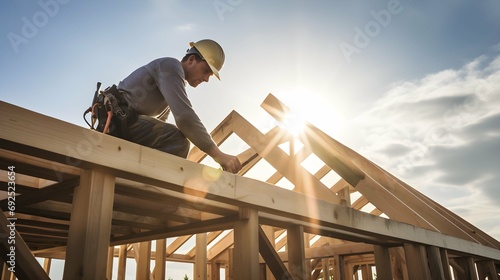 Roof worker or carpenter building a wood structure house construction