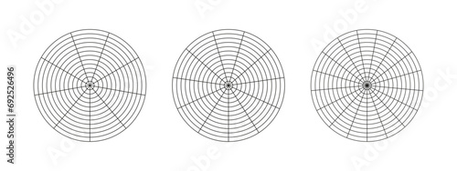 Wheel of life templates. Circle diagrams of life style balance. Coaching tool for visualizing all areas of life. Polar grid with segments, concentric circles. Blank of polar graph paper. Vector icons.