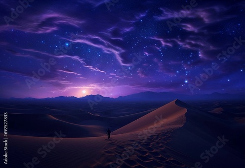 Moonlit sand dunes beneath purple night sky
