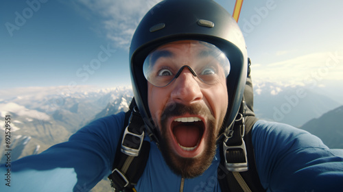 The skydiver's face and expression are visible in the image. who is jumping out of an airplane A face can be seen that may show intent and determination in the jump. Skydiving is a very challenging.