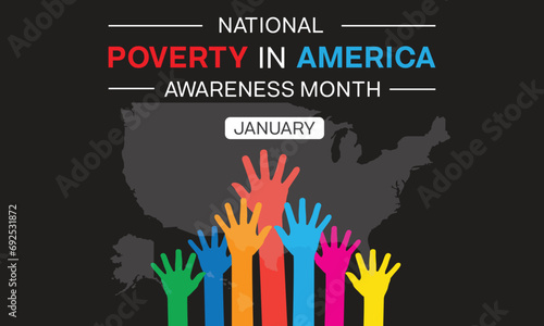 National Poverty in America Awareness design with multiple colorful open palm hand on black background. Vector illustration