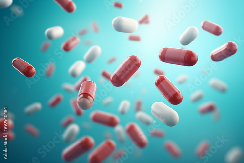 A group of antibiotic pill capsules falling. Healthcare and medical illustration background.
