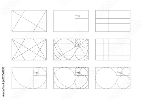 Golden ratio template set. Method golden section. Fibonacci array, numbers. Harmony proportions logotype. Abstract vector background. Outline graphic illustration. Eps.