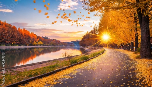秋の銀杏並木と美しい川の流れと道と空