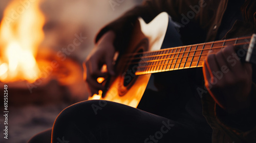 Close-up of an acoustic guitar in a musician's lap, blurred background of a bonfire