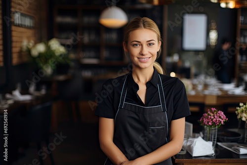 Female waitress in a black dress and apron standing in restaurant