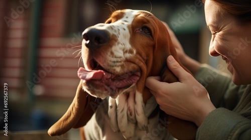 A happy basset hound enjoying ear scratches from its owner