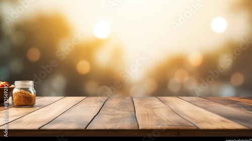 Photo wooden board empty table top on of blurred background