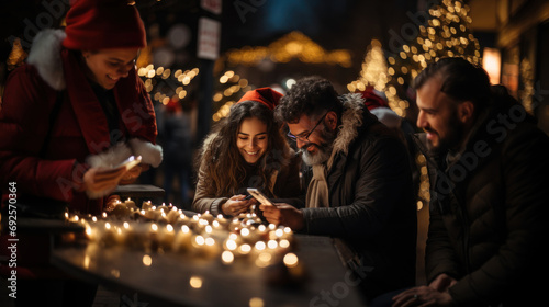Group of friends using mobile phone at Christmas market in Paris, France.