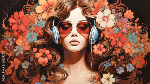 Portrait 1960s Vintage Retro Hippie Movement Flower Power Music 1960s Peace and Love Wallpaper Background Cover Digital Art Poster