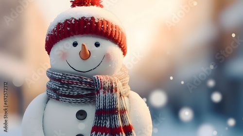 Merry snowman with hat and Scarf on the left in the background. Blurred background with bokeh effect.Christmas banner with space for your own content. Light color background.