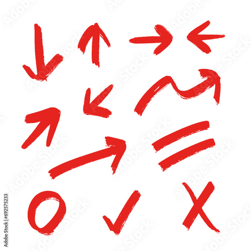 手書きの赤い色の複数の矢印とシンプルな記号のセット - ラフなマーカーのあしらいセット 