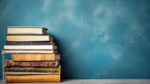 stack of old vintage books with blue wall