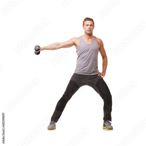 Workout, bodybuilder or man with dumbbells training, exercise or fitness for wellness. White background, studio mockup space or healthy athlete doing lateral raises for strong shoulders or muscle