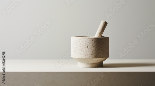a solo stylish stone mortar and pestle, its minimalist design exuding sophistication against a seamless white background.