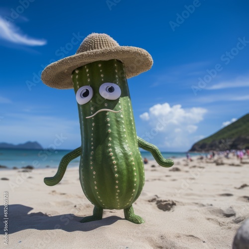 humanized cucumber wearing a sombrero, standing on the sandy beach 