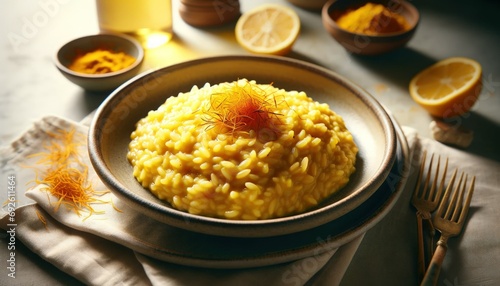Photographic image of Risotto alla Milanese, a Lombardy dish, presented on a plate with creamy texture and vibrant yellow saffron color 
