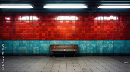 Bench in front of a wall with red and blue tiles in a subway station