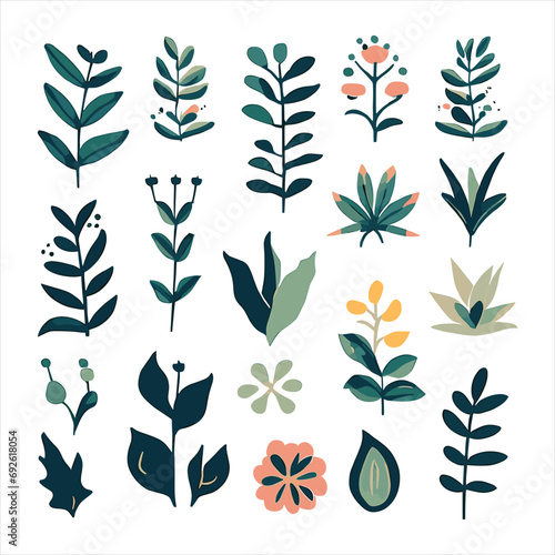 beautiful reimagined risograph set of plant symbols with botanical elements. isolated on a white background. 