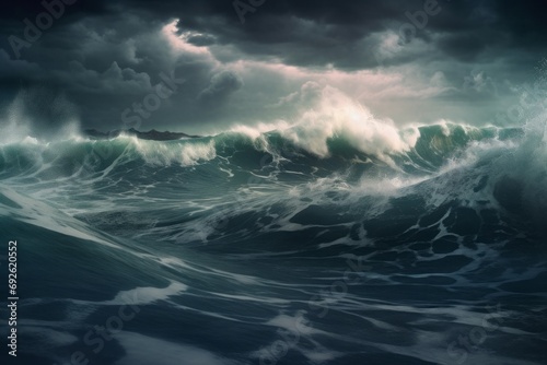 Dangerous big waves. Raging and destructive storm nighttime thunderstorm. Generate AI