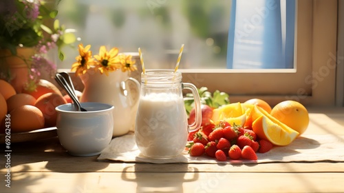 Milk in a glass jar and fresh fruits on the windowsill