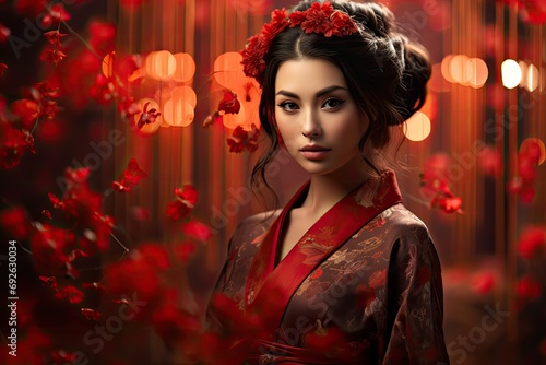 Piękna dziewczyna w tradycyjnym japońskim ubraniu na czerwonym tle. 