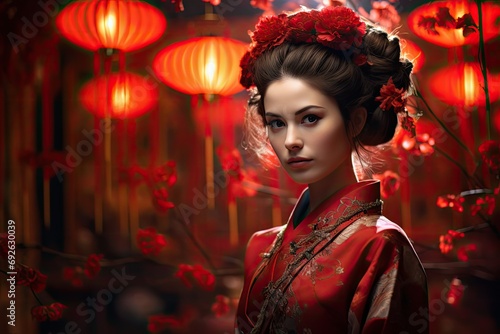 Piękna dziewczyna w tradycyjnym japońskim ubraniu na czerwonym tle. 