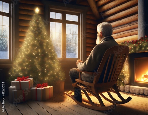 Old man in rocking chair in Christmas 