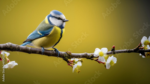 blue tit sitting on a branch with fresh flowers in spring 
