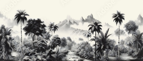 trees on the beach. Sketch landscape with palm tree. Vacation on tropical beach. black and white