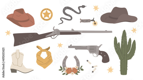 Objects from the Wild West. Cowboy aesthetic. Set of vector elements with gun, cowboy hat, cowboy boots, cactus, sheriff's star, lucky horseshoe, snake