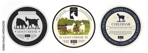 Goat cheese labels. Organic cheddar cheese slices, cartoon goat mozzarella products with labels for food packaging, dairy farm food concept. Vector set