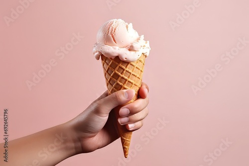 Female hand holding an ice cream cone on peach background