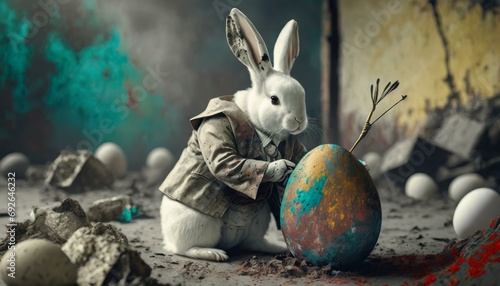 Osterhase / Weißes Kaninchen in Vintage-Anzug bemalt ein buntes Ei mit Pinsel und Farben. Dunkler dystopischer Hintergrund. Konzept: Postapokalyptisches Ostern. Illustration