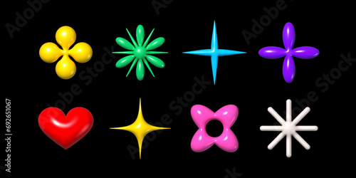 3D Y2K abstract inflatable shapes, glossy plastic shine, trendy 2000s or 90s design colorful isolated vector elements set - star, flower, heart, snowflake