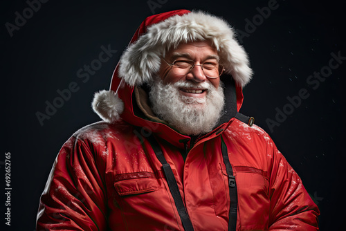 Santa Claus rock climber, bouldering, alpine, free soloing, rappelling, belaying. Father Christmas, Saint Nicholas, Saint Nick, Kris Kringle with climbing gear, harness, carabiner