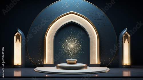 A classic mosaic podium design for Eid ul Fitr, with traditional Islamic motifs and a reserved area for a speaker's name or message.